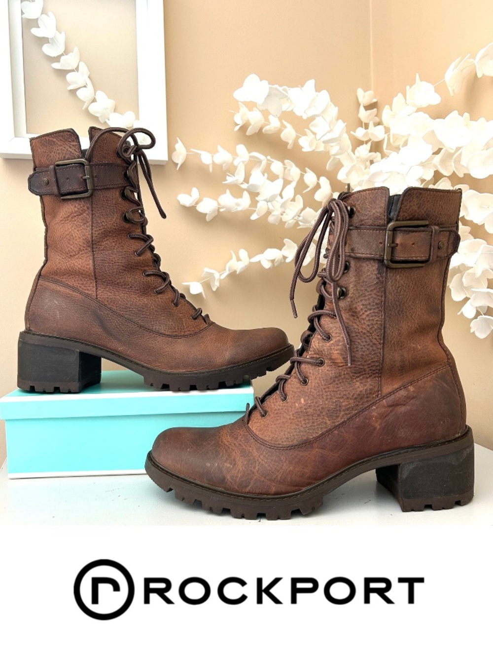 Rockport Leather Lace Up Combat Boots Brown Size 9.5 Excellent Condition!